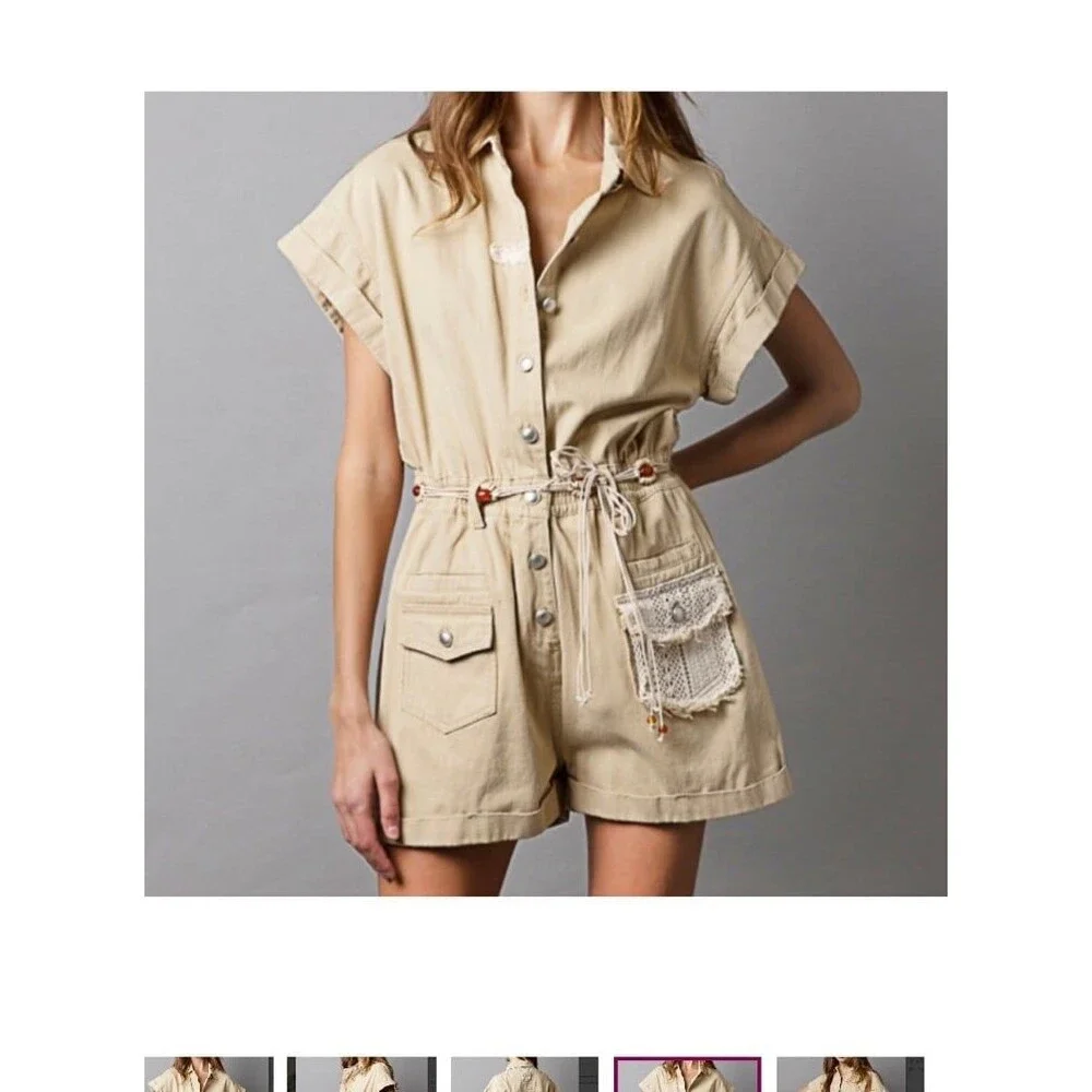 Pol romper pol shorts sand beige denim jeans  womens size medium 100% cotton NEW